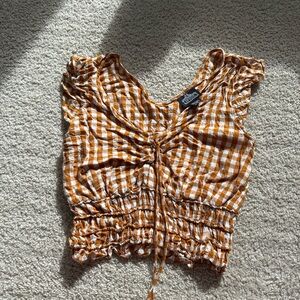 Angie Women’s Gingham Blouse with Ruched Waist and Tie Front